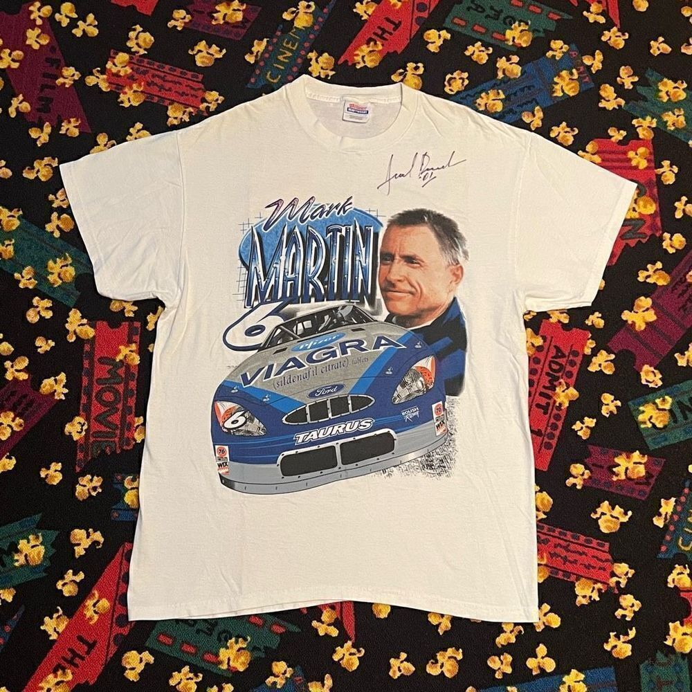 NASCAR Mark Martin #6 Unknown Autographed White Graphic Tee Shirt / Size L